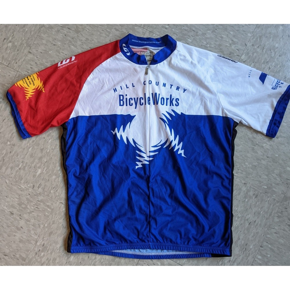 Louis Garneau Hill Country Bicycle Works Texas Cycling Jersey Mens XL Blue Red